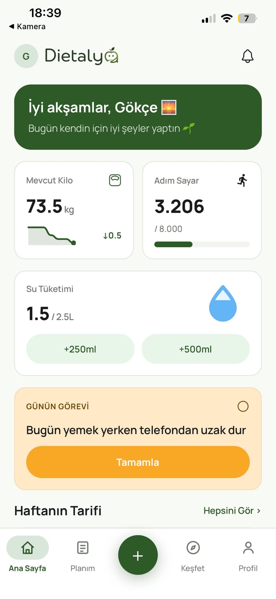 Dietalya uygulaması ana ekranı